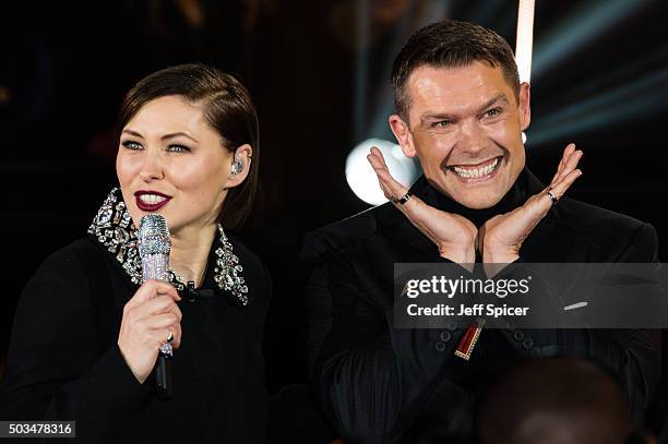 Emma Willis talks to John Partridge as he enters the Celebrity Big Brother House at Elstree Studios on January 5, 2016 in Borehamwood, England.