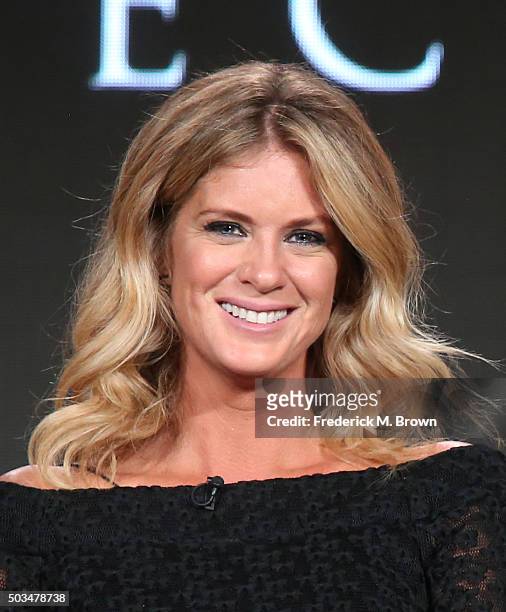 Rachel Hunter looks on during Ovation's 'The Artful Detective'' panel as part of This is Cable 2016 TCA Press Tour at Langham Hotel on January 5,...