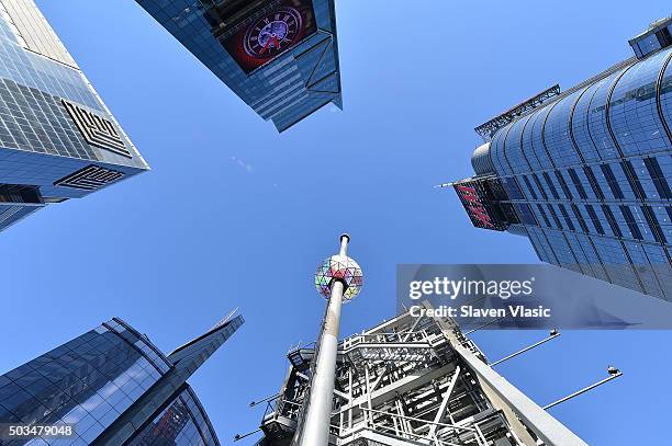 View of atmosphere during 2016 New Year's Eve Ball relighting and ascending again to top of 130-foot poll where it will remain for the duration of...