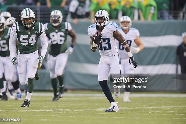 Wide Receiver Harry Douglas of the Tennessee Titans has a long gain against the New York Jets at MetLife Stadium on December 13, 2015 in East...