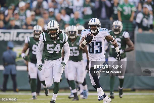 Wide Receiver Harry Douglas of the Tennessee Titans has a long gain against the New York Jets at MetLife Stadium on December 13, 2015 in East...