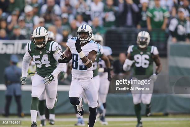 Wide Receiver Harry Douglas of the Tennessee Titans has a long gain against the New York Jets at MetLife Stadium on December 13, 2015 in East...
