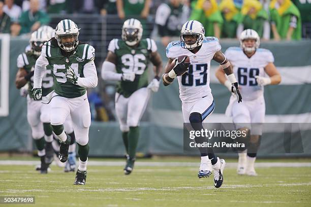 Wide Receiver Harry Douglas of the Tennessee Titans has a long gain against the New York Jets at MetLife Stadium on December 13, 2015 in East...