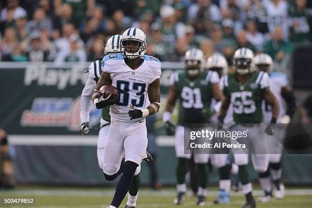 Wide Receiver Harry Douglas of the Tennessee Titans has a long gain against the New York Jets at MetLife Stadium on December 13, 2015 in East...