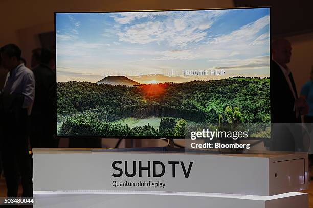 Samsung Electronics Co. Ultra Slim SUHD Quantum dot display television is displayed during an event at the 2016 Consumer Electronics Show in Las...