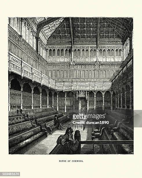 victorian london - the house of commons - commons chamber stock illustrations
