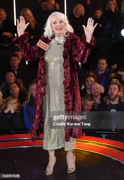 Angie Bowie enters the Celebrity Big Brother House at Elstree Studios on January 5, 2016 in Borehamwood, England.