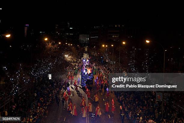 Performers ride floats during the 'Cabalgata de Reyes,' or the Three Kings parade on January 5, 2016 in Madrid, Spain. The traditional parade takes...