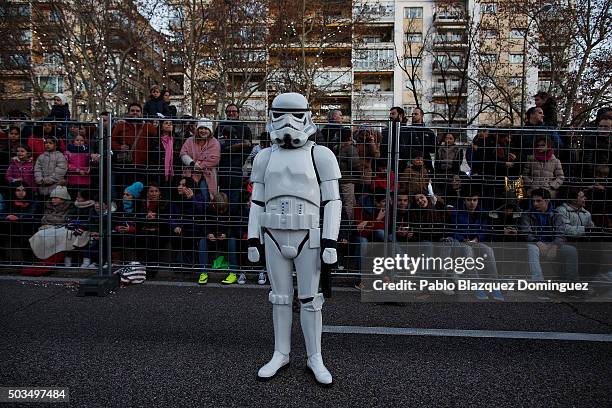 Man dressed as Stormtrooper waits for the start of the 'Cabalgata de Reyes,' or the Three Kings parade on January 5, 2016 in Madrid, Spain. The...