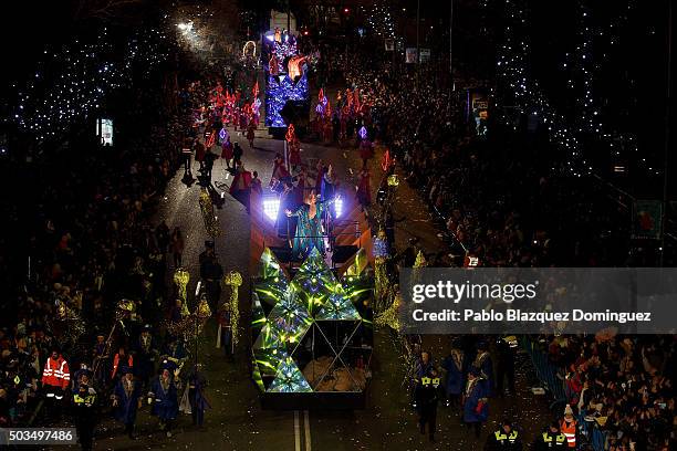 Performers ride floats during the 'Cabalgata de Reyes,' or the Three Kings parade on January 5, 2016 in Madrid, Spain. The traditional parade takes...