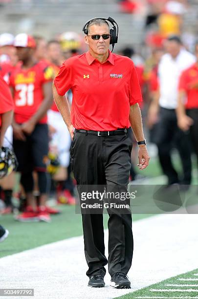 Head coach Randy Edsall of the Maryland Terrapins watches the game against the Richmond Spiders at Byrd Stadium on September 5, 2015 in College Park,...