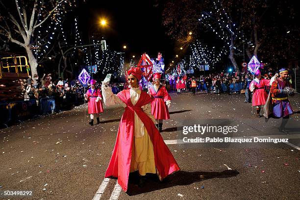 Performers dance during the 'Cabalgata de Reyes,' or the Three Kings parade on January 5, 2016 in Madrid, Spain. The traditional parade takes place...