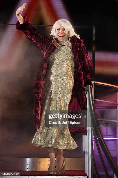 Angie Bowie enters the Celebrity Big Brother House at Elstree Studios on January 5, 2016 in Borehamwood, England.