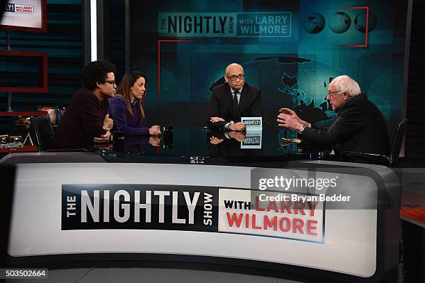 Nightly Show" contributors Jordan Carlos, Grace Parra, Host Larry Wilmore and Senator Bernie Sanders speak on "The Nightly Show With Larry Wilmore"...