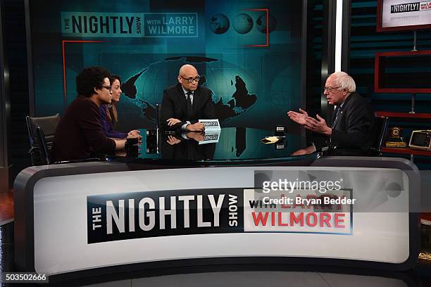 Nightly Show" contributors Jordan Carlos, Grace Parra, Host Larry Wilmore and Senator Bernie Sanders speak on "The Nightly Show With Larry Wilmore"...
