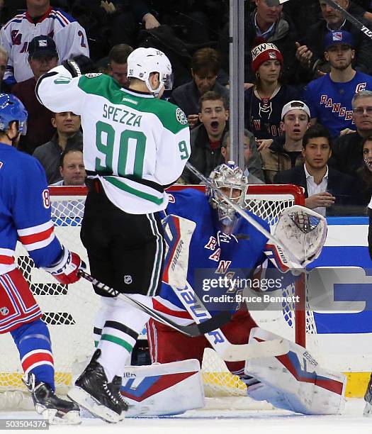 Jason Spezza of the Dallas Stars deflects a shot at Henrik Lundqvist of the New York Rangers during the second period at Madison Square Garden on...