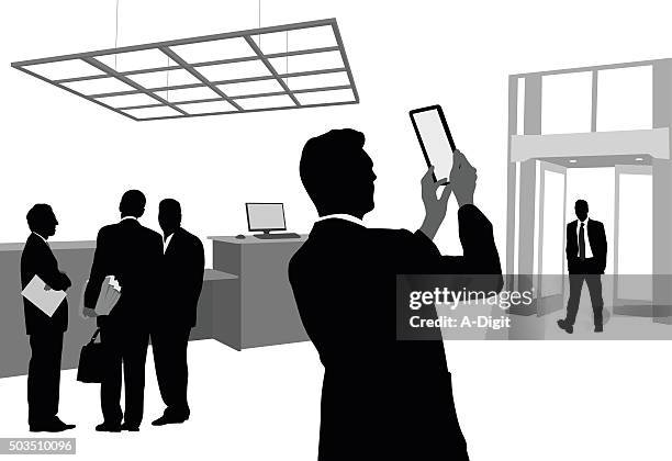 stockillustraties, clipart, cartoons en iconen met multi purpose tablet - entrance building people