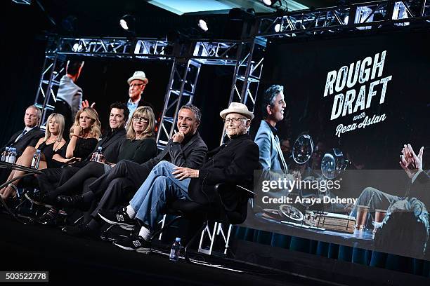 Scott Woodward, Bettina Hollings, Rachel Hunter, Yannick Bisson, Christina Jennings, Reza Aslan and Norman Lear attend the Ovation 2016 Winter TCA...