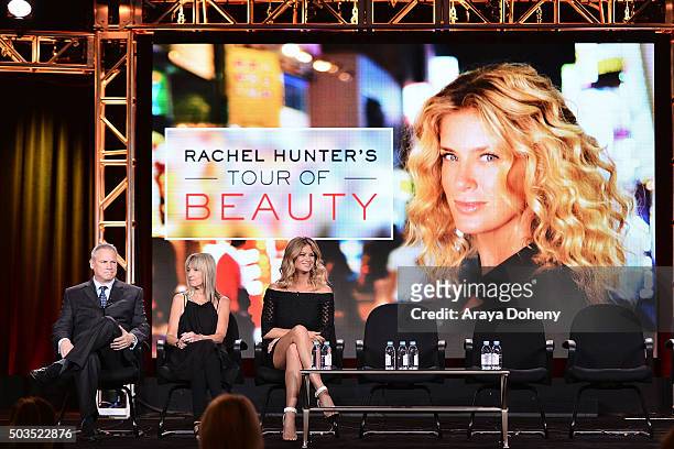 Scott Woodward, Bettina Hollings and Rachel Hunter attend the Ovation 2016 Winter TCA Tour introducing three series featuring Rachel Hunter, Reza...
