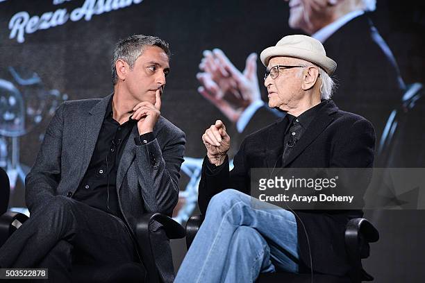 Reza Aslan and Norman Lear attend the Ovation 2016 Winter TCA Tour introducing three series featuring Rachel Hunter, Reza Aslan, Norman Lear And...
