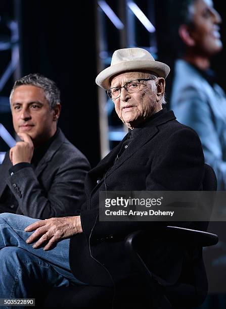 Reza Aslan and Norman Lear attend the Ovation 2016 Winter TCA Tour introducing three series featuring Rachel Hunter, Reza Aslan, Norman Lear And...