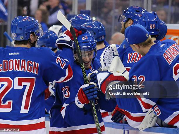Jayson Megna of the New York Rangers is congratulated on his third period goal against the Dallas Stars at Madison Square Garden on January 5, 2016...