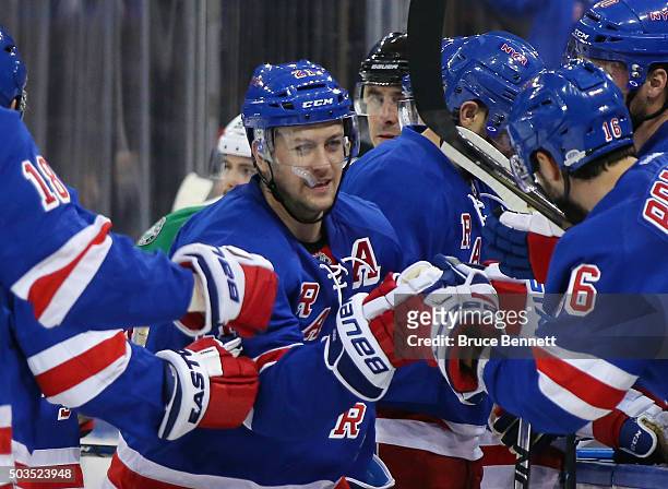 Derek Stepan of the New York Rangers celebrates his third period shorthanded goal against the Dallas Stars at Madison Square Garden on January 5,...