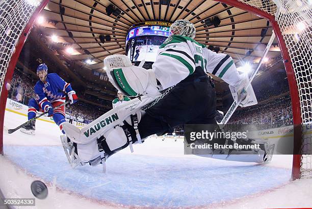 Jayson Megna of the New York Rangers scores a third period goal against Antti Niemi of the Dallas Stars at Madison Square Garden on January 5, 2016...