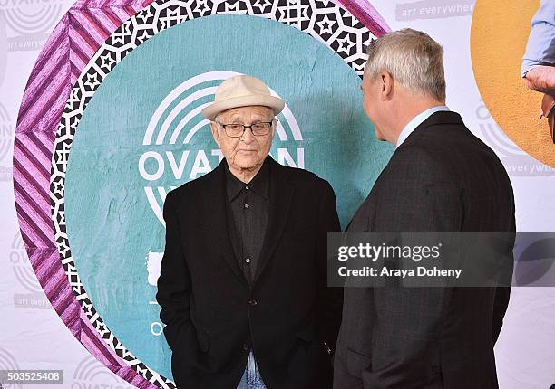 Norman Lear and Scott Woodward attend the Ovation 2016 Winter TCA Tour introducing three series featuring Rachel Hunter, Reza Aslan, Norman Lear And...