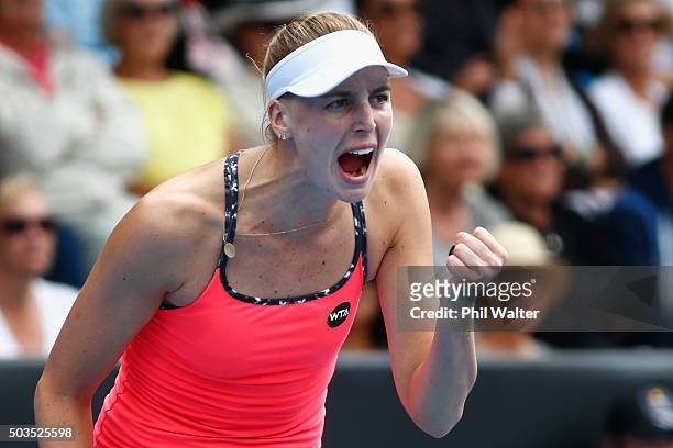 Naomi Broady of Great Britain celebrates a point in her singles match against Jelena Ostapenko of Latvia during day three of the 2016 ASB Classic at...
