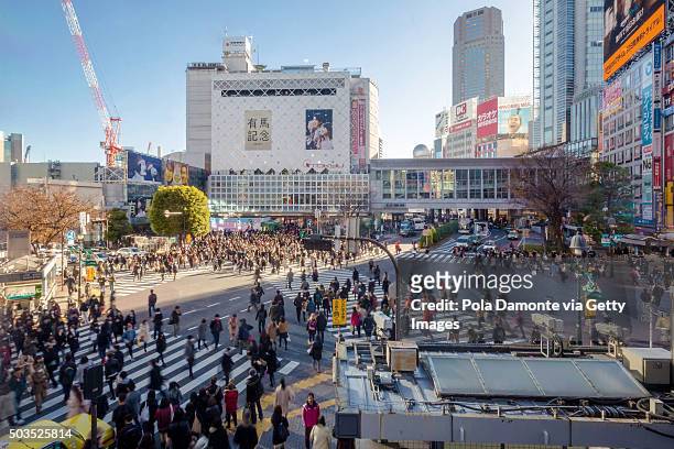 japan, tokyo, pedestrians on shibuya crossing, elevated view - crossing stock pictures, royalty-free photos & images