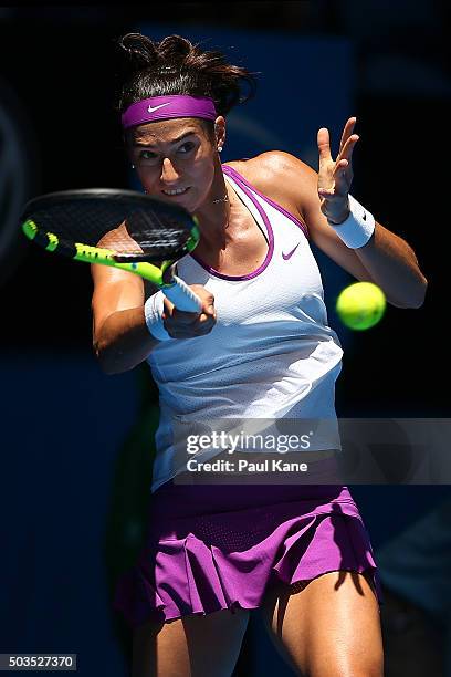 Caroline Garcia of France plays a forehand to Sabine Lisicki of Germany in the womens singles match during day four of the 2016 Hopman Cup at Perth...