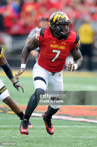 Yannick Ngakoue of the Maryland Terrapins defends against the Bowling Green Falcons at Byrd Stadium on September 12, 2015 in College Park, Maryland.