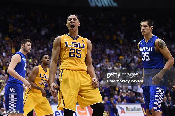 Ben Simmons of the LSU Tigers reacts to a dunk against the Kentucky Wildcats during the second half of a game at the Pete Maravich Assembly Center on...