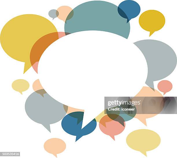 chat bubbles in various retro colors on white background - different languages stock illustrations