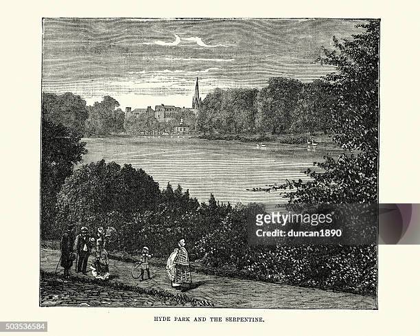 victorian london - hyde park and the serpentine - the serpentine london stock illustrations