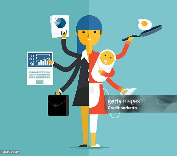 illustrazioni stock, clip art, cartoni animati e icone di tendenza di super madre - lavorare
