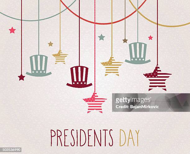 presidents day poster. hanging colorful hats and stars - president day stock illustrations
