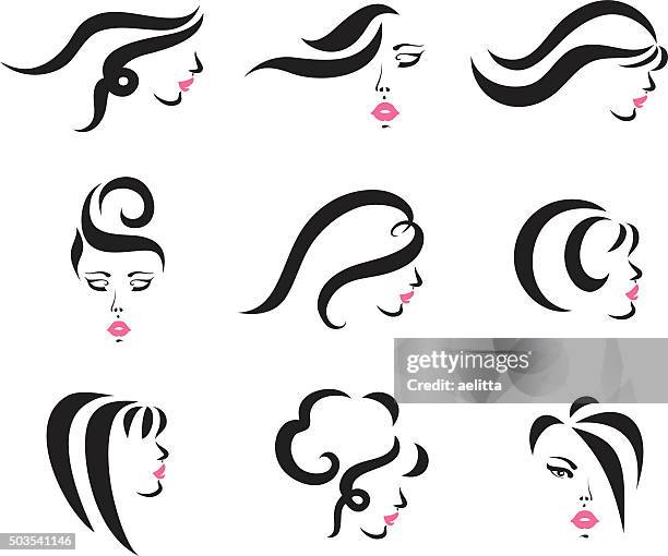 hair styles set - wind in face stock illustrations