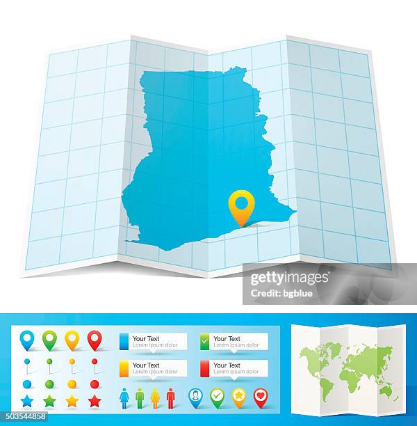 ghana map with location pins isolated on white background - accra stock illustrations