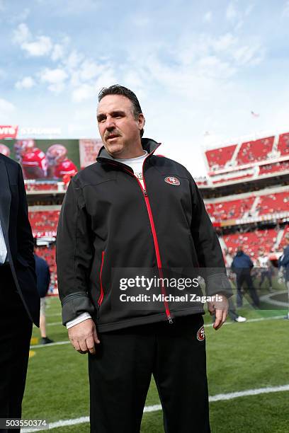 Head Coach Jim Tomsula of the San Francisco 49ers stands on the field prior to the game against the St. Louis Rams at Levi Stadium on January 3, 2016...