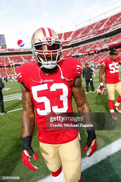 NaVorro Bowman of the San Francisco 49ers stands on the field prior to the game against the St. Louis Rams at Levi Stadium on January 3, 2016 in...