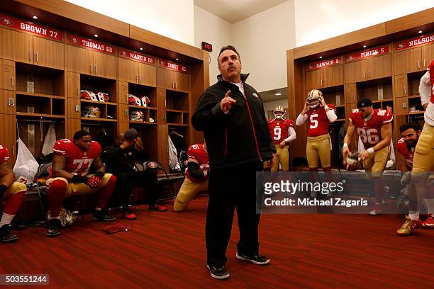 Head Coach Jim Tomsula of the San Francisco 49ers addresses the team in the locker room prior to the game against the St. Louis Rams at Levi Stadium...