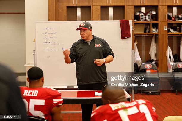 Defensive Coordinator Eric Mangini of the San Francisco 49ers talks with the defense in the locker room during halftime of the game against the St....