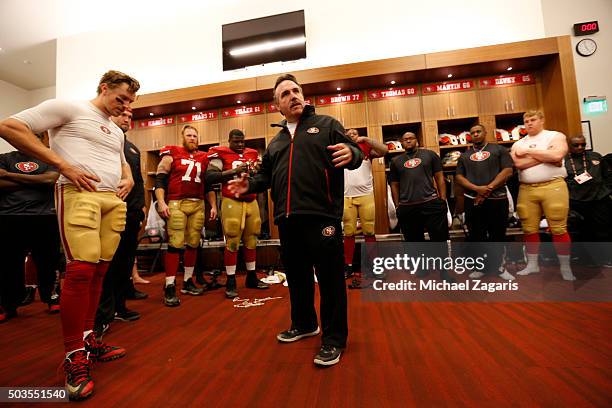 Head Coach Jim Tomsula of the San Francisco 49ers address the team in the locker room following the game against the St. Louis Rams at Levi Stadium...