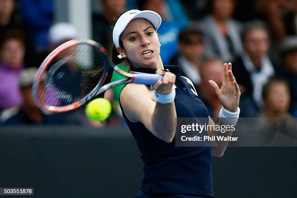 Christina McHale of the USA plays a forehand during her singles match against Caroline Wozniacki of Denmark on day three of the 2016 ASB Classic at...