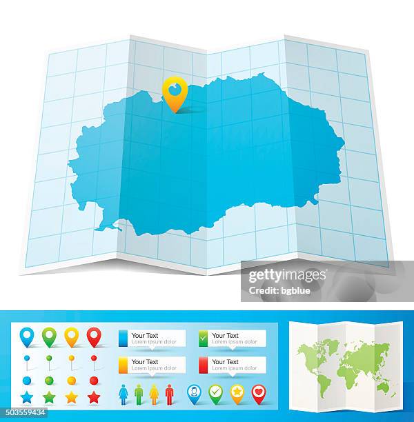 macedonia map with location pins isolated on white background - macedonia country stock illustrations