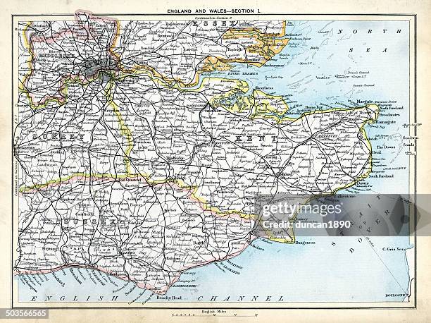 antike karte von south east england - london und umgebung stock-grafiken, -clipart, -cartoons und -symbole