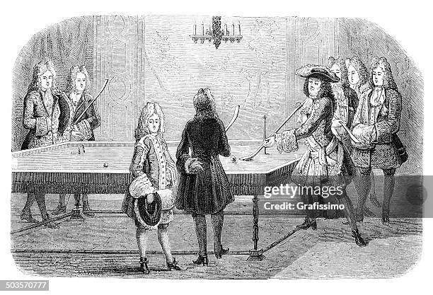 louis xiv playing billiard at versailles 1694 - louis xiv of france stock illustrations