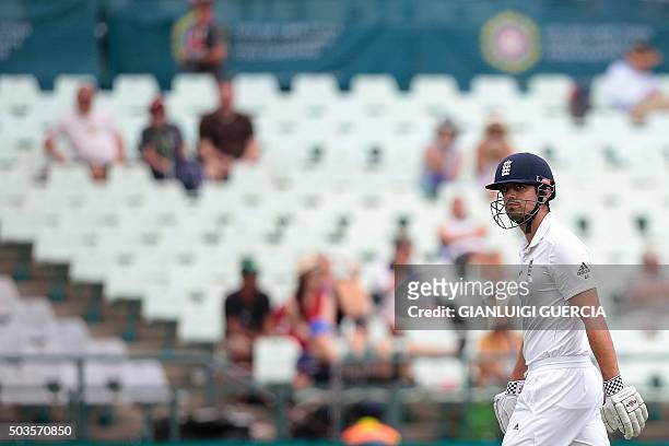 England's batsman and Captain Alastair Cook leaves the field after being dismissed by South African bowler Kagiso Rabada during day five of the...